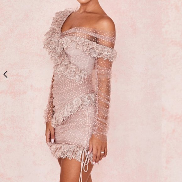 HOUSE OF CB - SORREL -  BLUSH LACE FRILL MINI DRESS - Picture 2 of 12